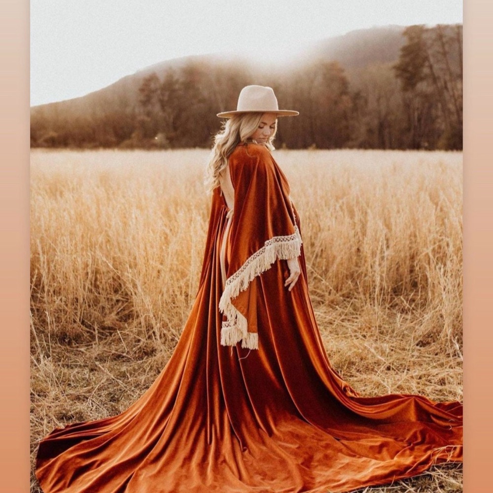 Reclamation dress Elegant Rust Velvet Gown with Lace Trim - Picture 6 of 11